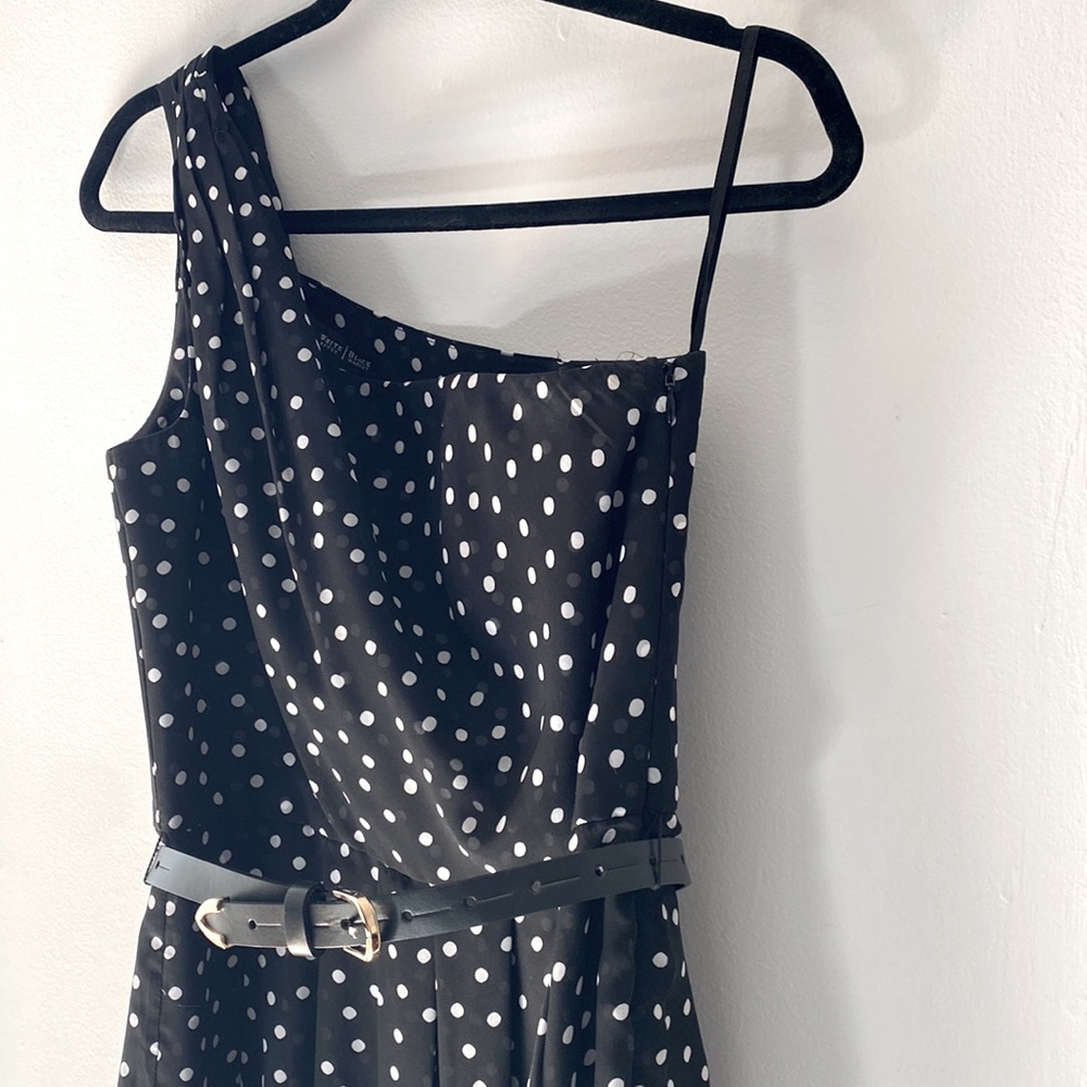 WHBM one strap, side zipper polka dot dress with belt.   Lined.  Size 6